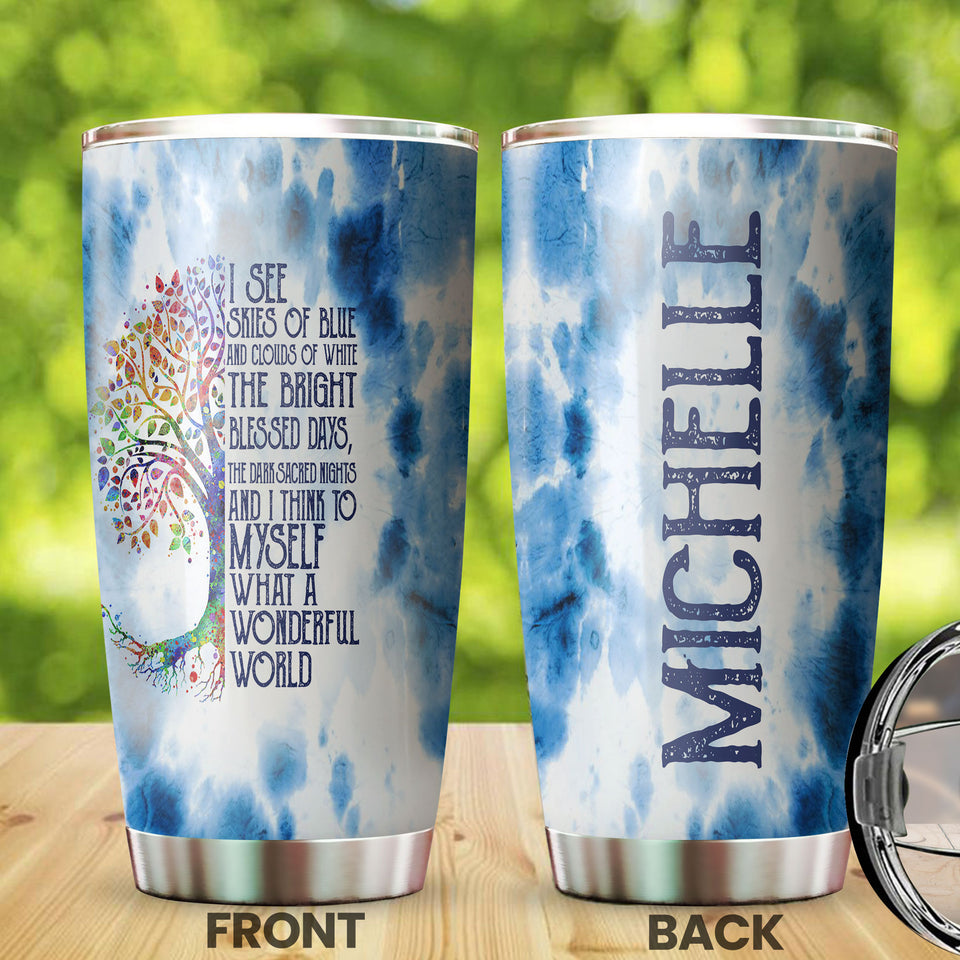Camellia Personalized Watercolor What A Wonderful World Positive Quote Stainless Steel Tumbler - Double-Walled Insulation Thermal Cup With Lid