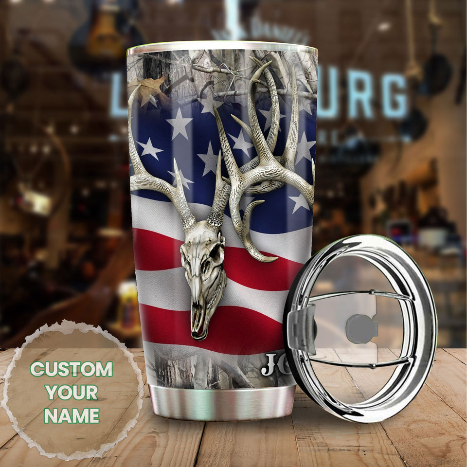 Camellia Personalized American Flag Deer Skull Hunting Stainless Steel Tumbler - Double-Walled Insulation Travel Thermal Cup With Lid Gift For 4th Of July Hunting Hunter