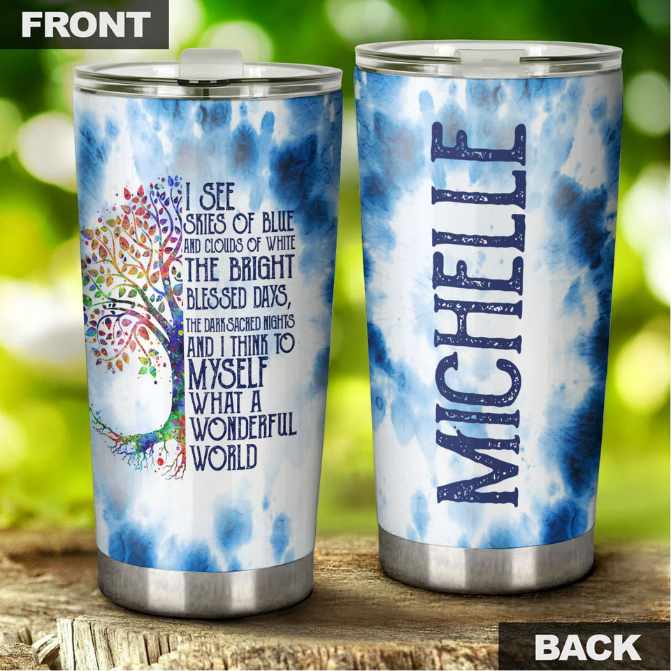 Camellia Personalized Watercolor What A Wonderful World Positive Quote Stainless Steel Tumbler - Double-Walled Insulation Thermal Cup With Lid