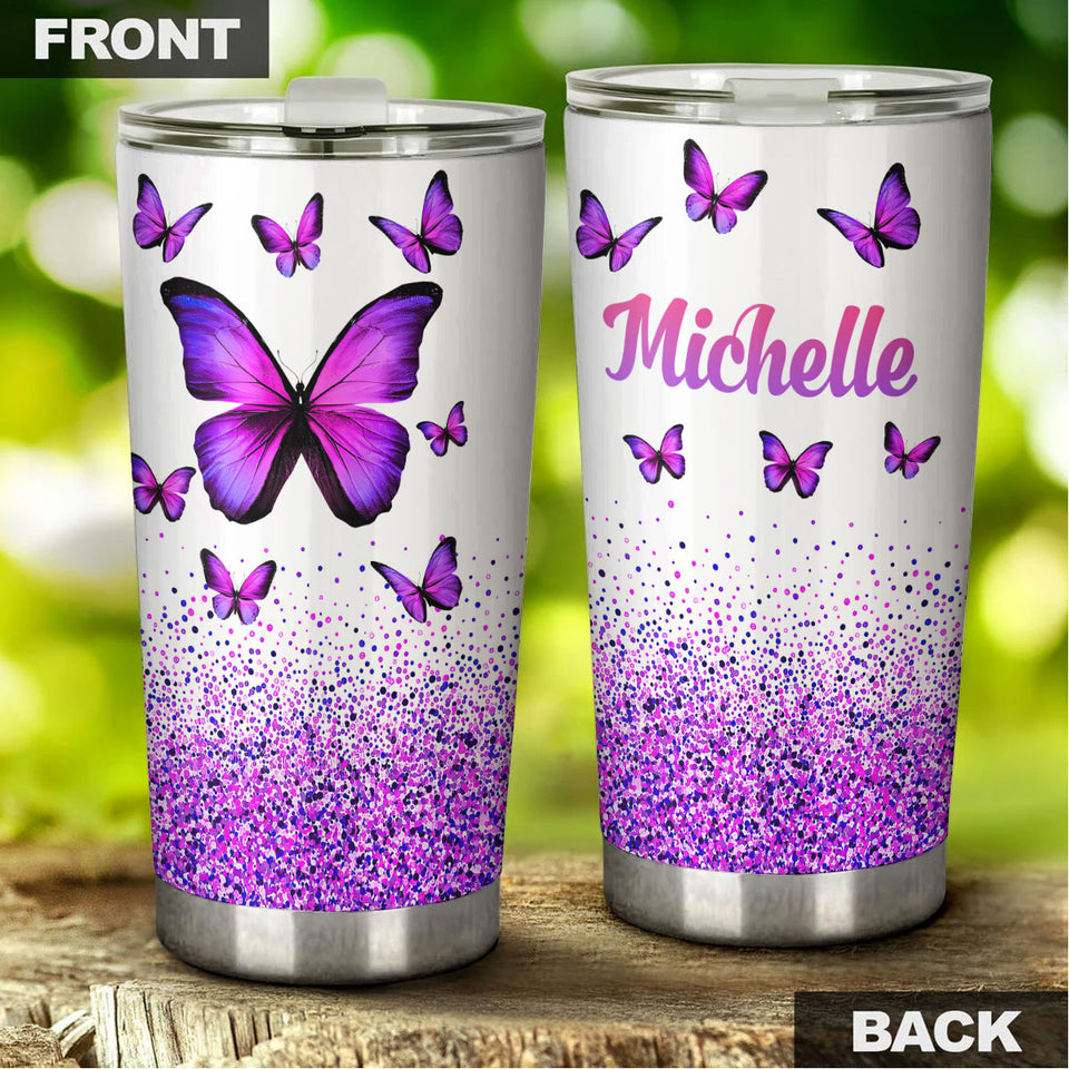 Camellia Personalized Violet Butterfly Graphics Stainless Steel Tumbler - Double-Walled Insulation Thermal Cup With Lid Gift For Memorial Day