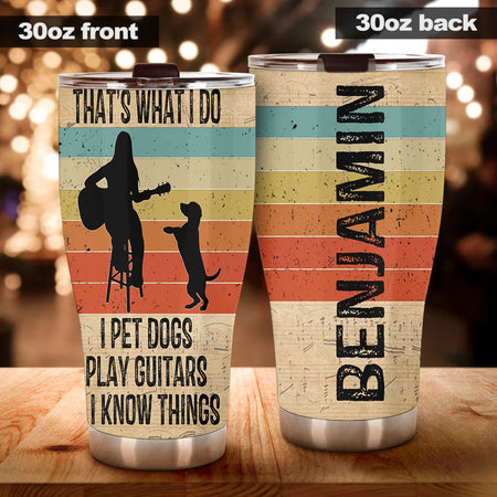 Camellia Personalized 3D Vintage Woman Pets Dogs Play Guitar And Know Things Stainless Steel Tumbler - Customized Double-Walled Insulation Therma Cup With Lid Gift For Guitarist