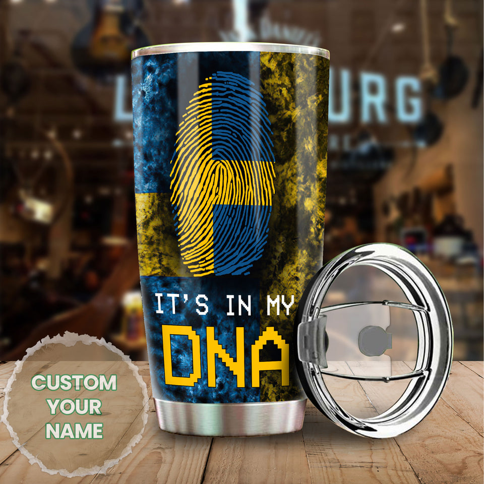 Camellia Personalized It's In My DNA Sweden Fingerprint Stainless Steel Tumbler - Double-Walled Insulation Travel Thermal Cup With Lid Gift For Viking Lover Swedish
