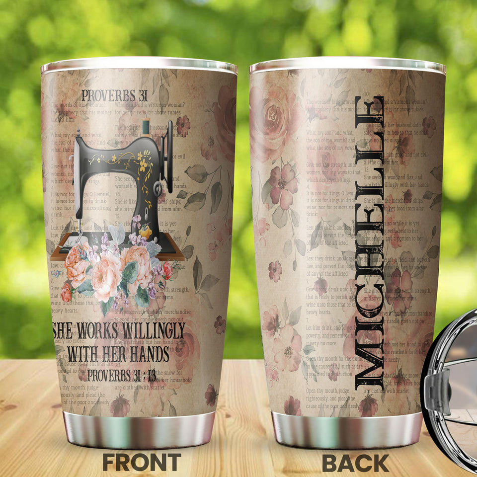 Camellia Personalized She Works Willingly With Her Hands Sewing Vintage Stainless Steel Tumbler - Double-Walled Insulation Travel Thermal Cup With Lid Gift For Sewer Girls Women