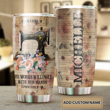Camellia Personalized She Works Willingly With Her Hands Sewing Vintage Stainless Steel Tumbler - Double-Walled Insulation Travel Thermal Cup With Lid Gift For Sewer Girls Women