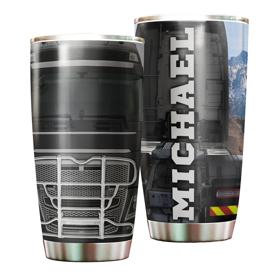 Camellia Personalized Metal Black Truck Graphics Stainless Steel Tumbler - Double-Walled Insulation Travel Thermal Cup With Lid Gift For Trucker Dad Husband Truck Lover