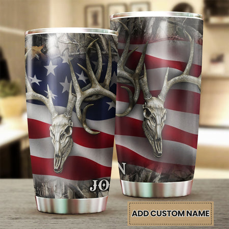 Camellia Personalized American Flag Deer Skull Hunting Stainless Steel Tumbler - Double-Walled Insulation Travel Thermal Cup With Lid Gift For 4th Of July Hunting Hunter