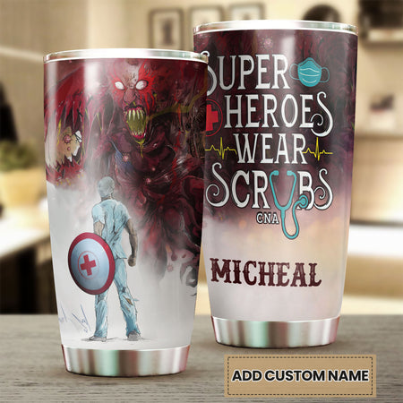 Camellia Personalized Superheroes Wear Scrub Stainless Steel Tumbler - Double-Walled Insulation Thermal Cup With Lid Gift For Nurse Doctor
