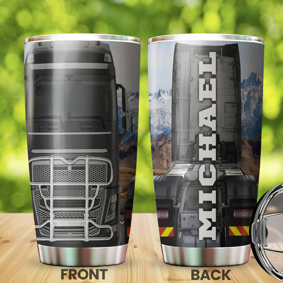 Camellia Personalized Metal Black Truck Graphics Stainless Steel Tumbler - Double-Walled Insulation Travel Thermal Cup With Lid Gift For Trucker Dad Husband Truck Lover