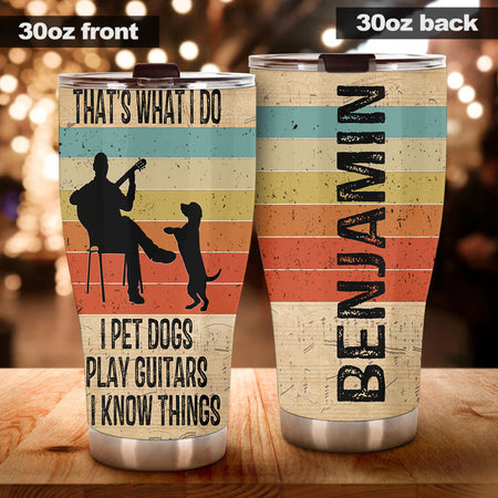 Camellia Personalized 3D Vintage Man Pets Dogs Play Guitar And Know Things Stainless Steel Tumbler - Customized Double-Walled Insulation Therma Cup With Lid Gift For Guitarist