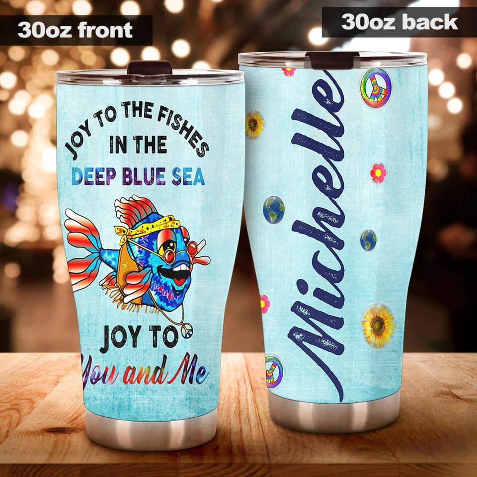 Camellia Personalized Hippie Fish Joy To You And Me Stainless Steel Tumbler - Double-Walled Insulation Thermal Cup With Lid Gift For Hipster Peace Lover