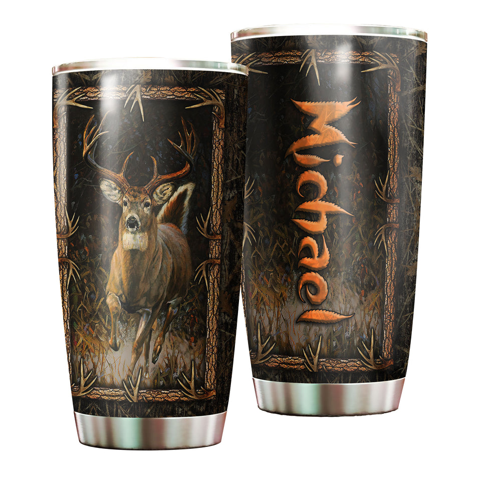 Camellia Personalized Deer Forest Hunting Wooden Style Stainless Steel Tumbler - Double-Walled Insulation Travel Thermal Cup With Lid Gift For Deer Hunter Men