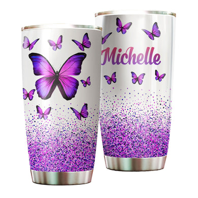 Camellia Personalized Violet Butterfly Graphics Stainless Steel Tumbler - Double-Walled Insulation Thermal Cup With Lid Gift For Memorial Day
