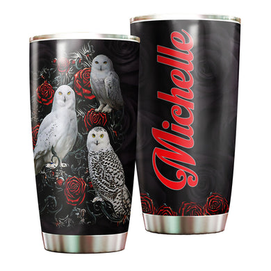 Camellia Personalized White Owls And Roses Graphics Stainless Steel Tumbler - Double-Walled Insulation Thermal Cup With Lid