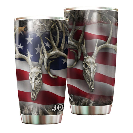 Camellia Personalized American Flag Deer Skull Hunting Stainless Steel Tumbler - Double-Walled Insulation Travel Thermal Cup With Lid Gift For 4th Of July Hunting Hunter