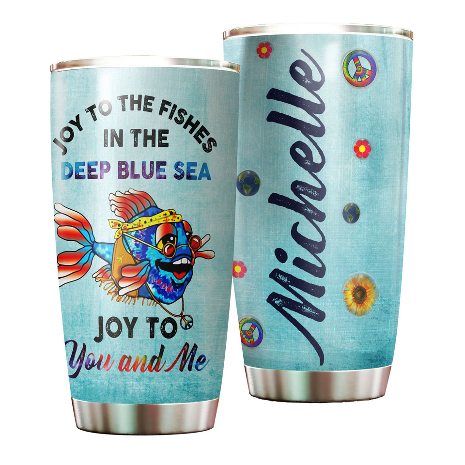 Camellia Personalized Hippie Fish Joy To You And Me Stainless Steel Tumbler - Double-Walled Insulation Thermal Cup With Lid Gift For Hipster Peace Lover