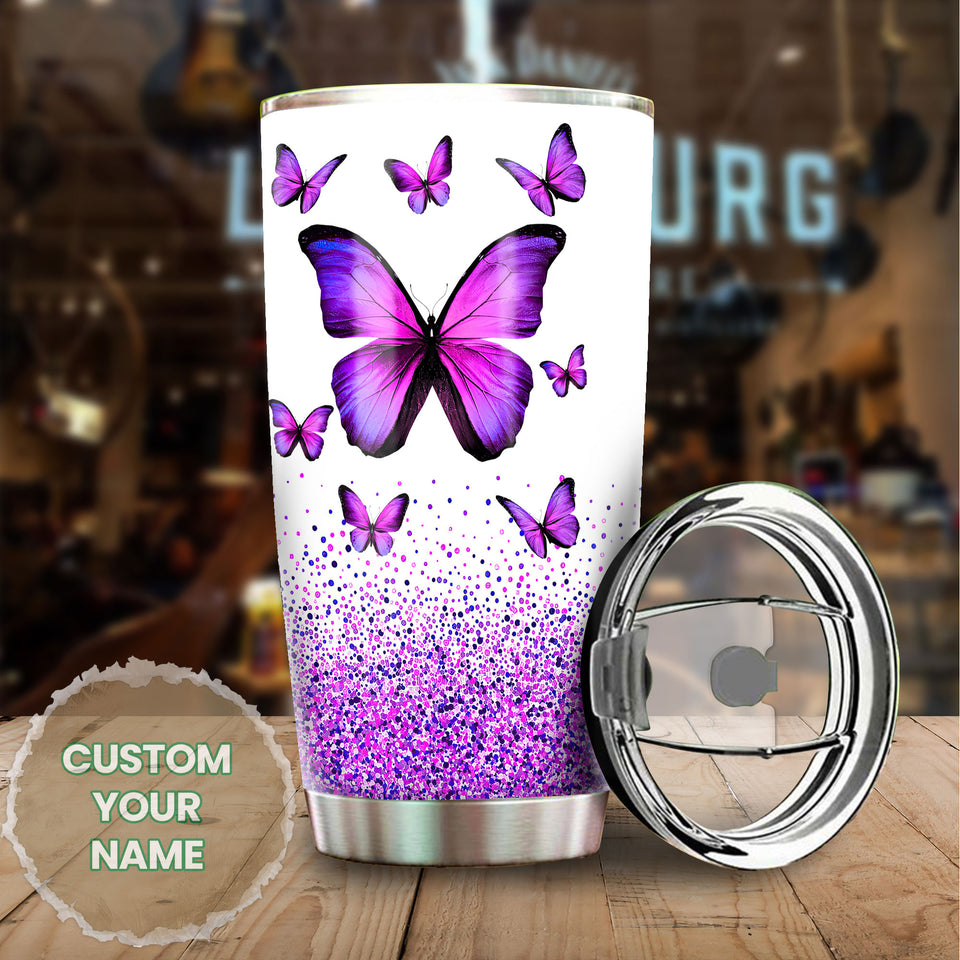 Camellia Personalized Violet Butterfly Graphics Stainless Steel Tumbler - Double-Walled Insulation Thermal Cup With Lid Gift For Memorial Day