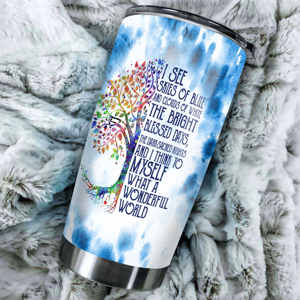 Camellia Personalized Watercolor What A Wonderful World Positive Quote Stainless Steel Tumbler - Double-Walled Insulation Thermal Cup With Lid