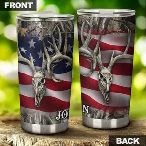 Camellia Personalized American Flag Deer Skull Hunting Stainless Steel Tumbler - Double-Walled Insulation Travel Thermal Cup With Lid Gift For 4th Of July Hunting Hunter
