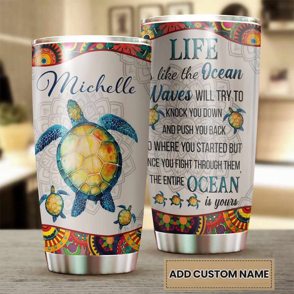 Camellia Personalized Turtle Life Is Like The Ocean Motivational Quote Stainless Steel Tumbler - Double-Walled Insulation Travel Thermal Cup With Lid