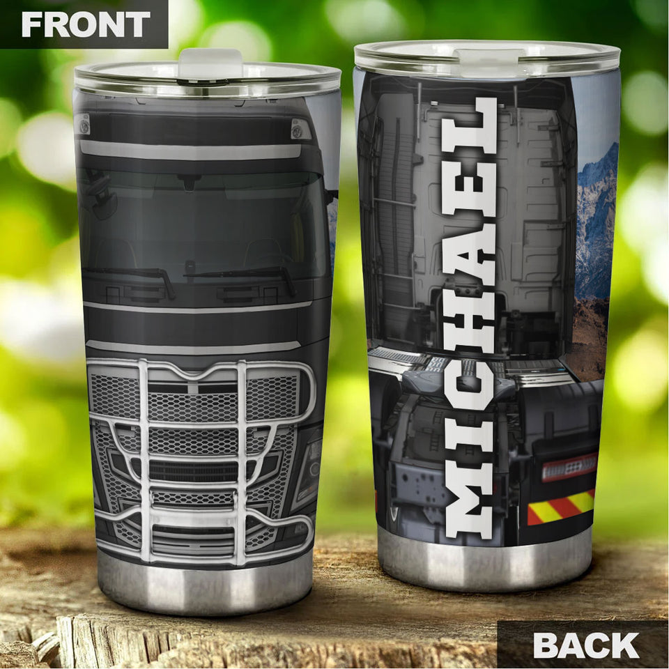 Camellia Personalized Metal Black Truck Graphics Stainless Steel Tumbler - Double-Walled Insulation Travel Thermal Cup With Lid Gift For Trucker Dad Husband Truck Lover