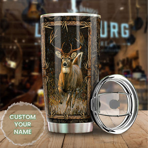 Camellia Personalized Deer Forest Hunting Wooden Style Stainless Steel Tumbler - Double-Walled Insulation Travel Thermal Cup With Lid Gift For Deer Hunter Men