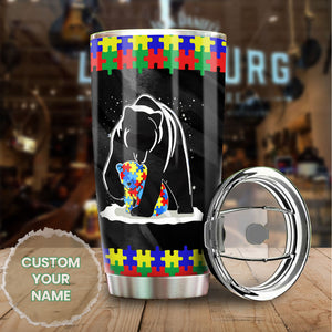 Camellia Personalized Autism Mommy And Her Kids Bears Stainless Steel Tumbler - Double-Walled Insulation Travel Thermal Cup With Lid Gift For Autism Awareness Month Mom Kids