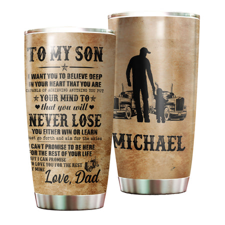 Camellia Personalized Trucker Vintage To My Son Loving Letters Stainless Steel Tumbler - Double-Walled Insulation Thermal Cup With Lid Dad Gift For Son Boys Birthday