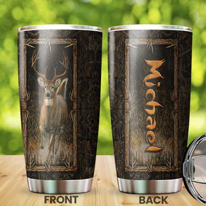 Camellia Personalized Deer Forest Hunting Wooden Style Stainless Steel Tumbler - Double-Walled Insulation Travel Thermal Cup With Lid Gift For Deer Hunter Men