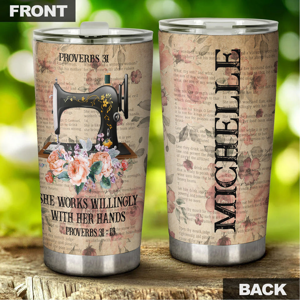 Camellia Personalized She Works Willingly With Her Hands Sewing Vintage Stainless Steel Tumbler - Double-Walled Insulation Travel Thermal Cup With Lid Gift For Sewer Girls Women