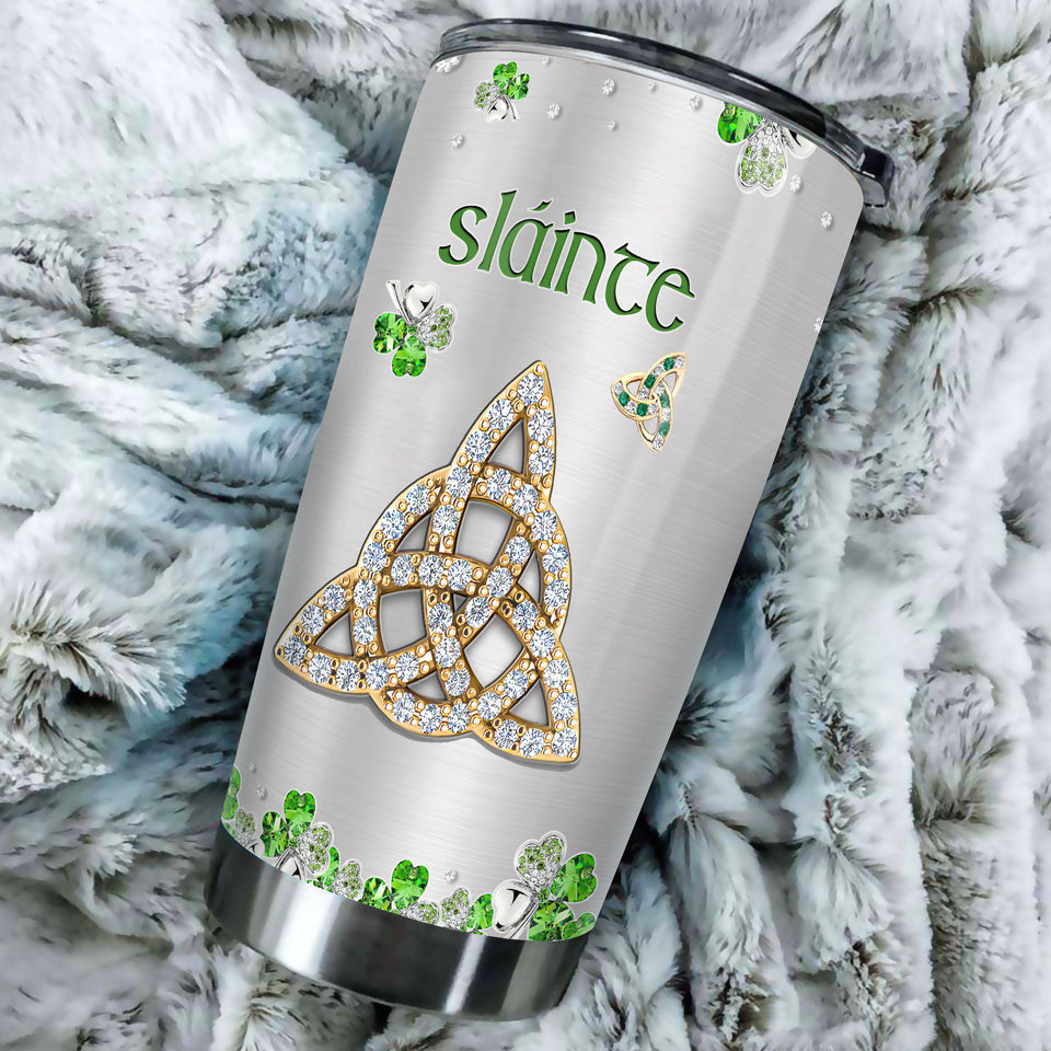 Camellia Personalized Slainte Irish Jewelry Style Green Stainless Steel Tumbler - Double-Walled Insulation Travel Thermal Cup With Lid