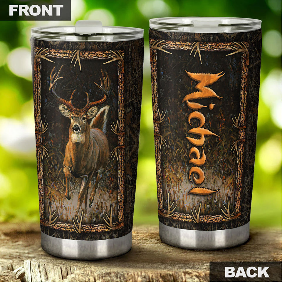 Camellia Personalized Deer Forest Hunting Wooden Style Stainless Steel Tumbler - Double-Walled Insulation Travel Thermal Cup With Lid Gift For Deer Hunter Men