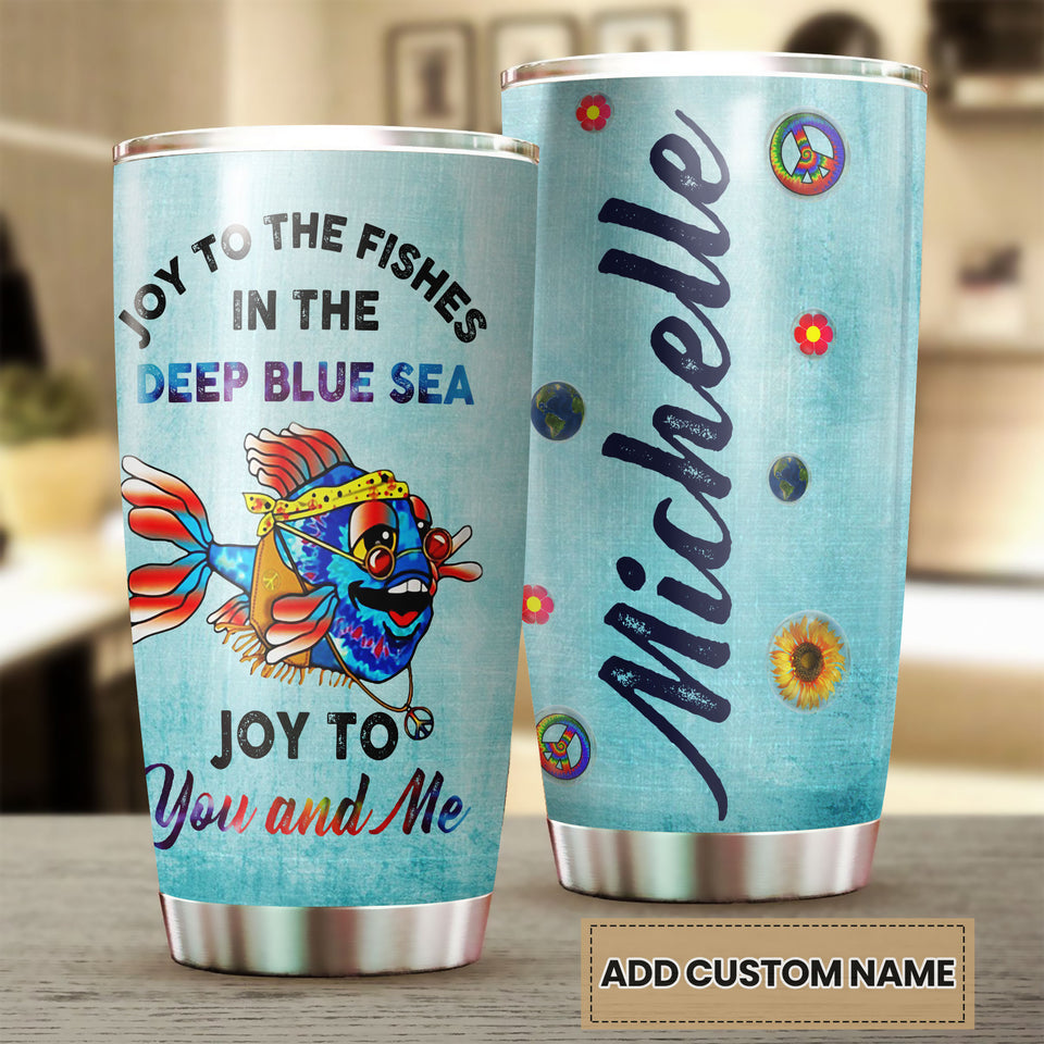 Camellia Personalized Hippie Fish Joy To You And Me Stainless Steel Tumbler - Double-Walled Insulation Thermal Cup With Lid Gift For Hipster Peace Lover