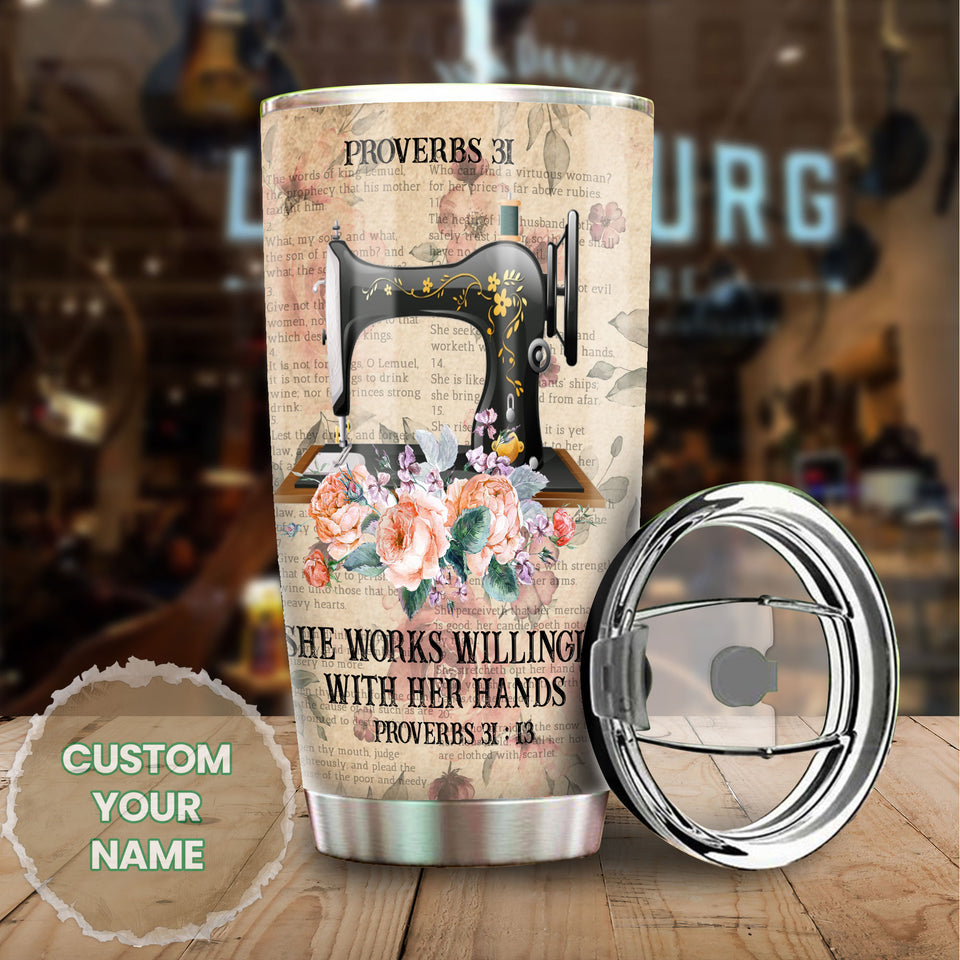 Camellia Personalized She Works Willingly With Her Hands Sewing Vintage Stainless Steel Tumbler - Double-Walled Insulation Travel Thermal Cup With Lid Gift For Sewer Girls Women