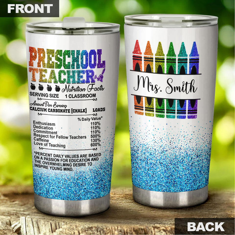 Camellia Personalized Rainbow Preschool Teacher Nutrition Facts Crayon Stainless Steel Tumbler - Double-Walled Insulation Travel Thermal Cup With Lid Gift For Back To School