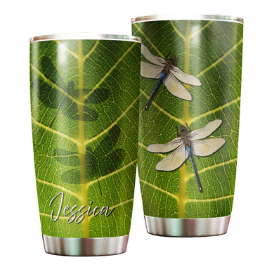 Camellia Personalized Dragonfly Animal Green Leaves Nature Stainless Steel Tumbler - Double-Walled Insulation Travel Thermal Cup With Lid Gift For Nature Dragonfly Lover
