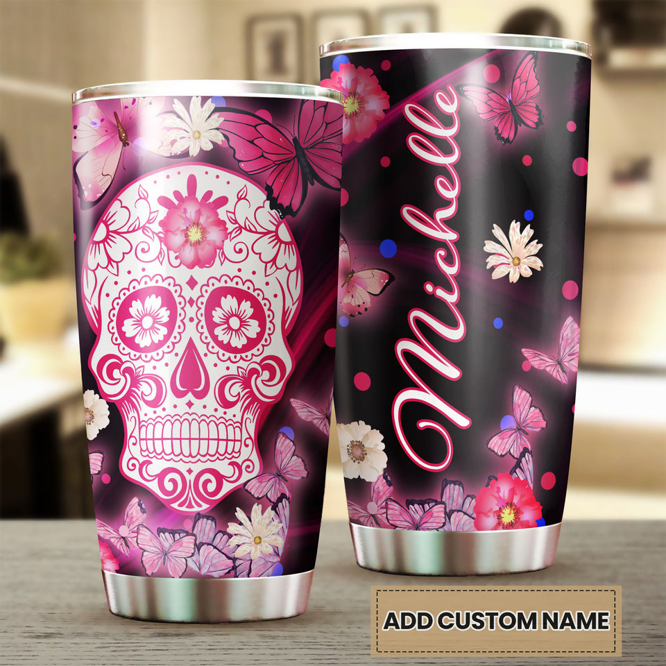 Camellia Personalized 3D Henna Hippie Pink Skull And Butterfly Stainless Steel Tumbler - Double-Walled Insulation Travel Thermal Cup With Lid Gift For Hipster