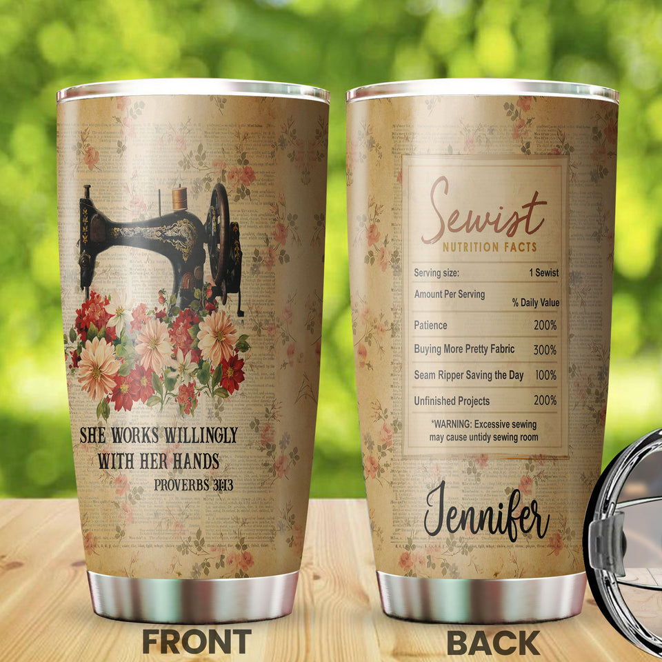 Camellia Personalized She Works Willingly Sewist Nutrition Facts Sewing Vintage Stainless Steel Tumbler - Double-Walled Insulation Travel Thermal Cup With Lid Gift For Sewer Girls