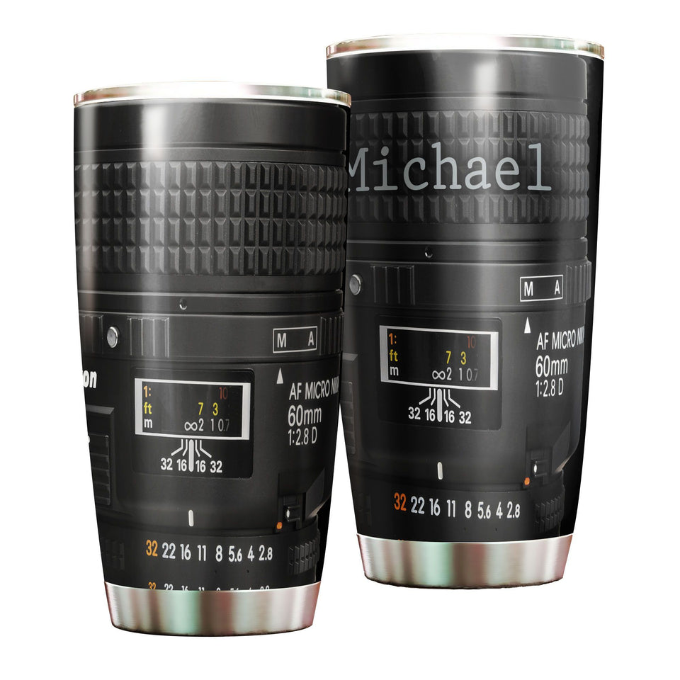 Camellia Personalized Photographer Camera Lens Graphic Stainless Steel Tumbler - Double-Walled Insulation Travel Thermal Cup With Lid Gift For Photographer