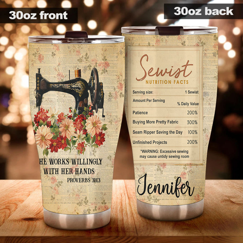 Camellia Personalized She Works Willingly Sewist Nutrition Facts Sewing Vintage Stainless Steel Tumbler - Double-Walled Insulation Travel Thermal Cup With Lid Gift For Sewer Girls