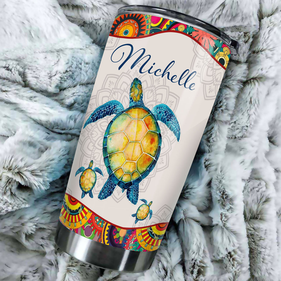 Camellia Personalized Turtle Life Is Like The Ocean Motivational Quote Stainless Steel Tumbler - Double-Walled Insulation Travel Thermal Cup With Lid