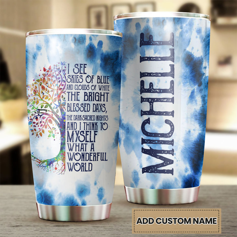 Camellia Personalized Watercolor What A Wonderful World Positive Quote Stainless Steel Tumbler - Double-Walled Insulation Thermal Cup With Lid
