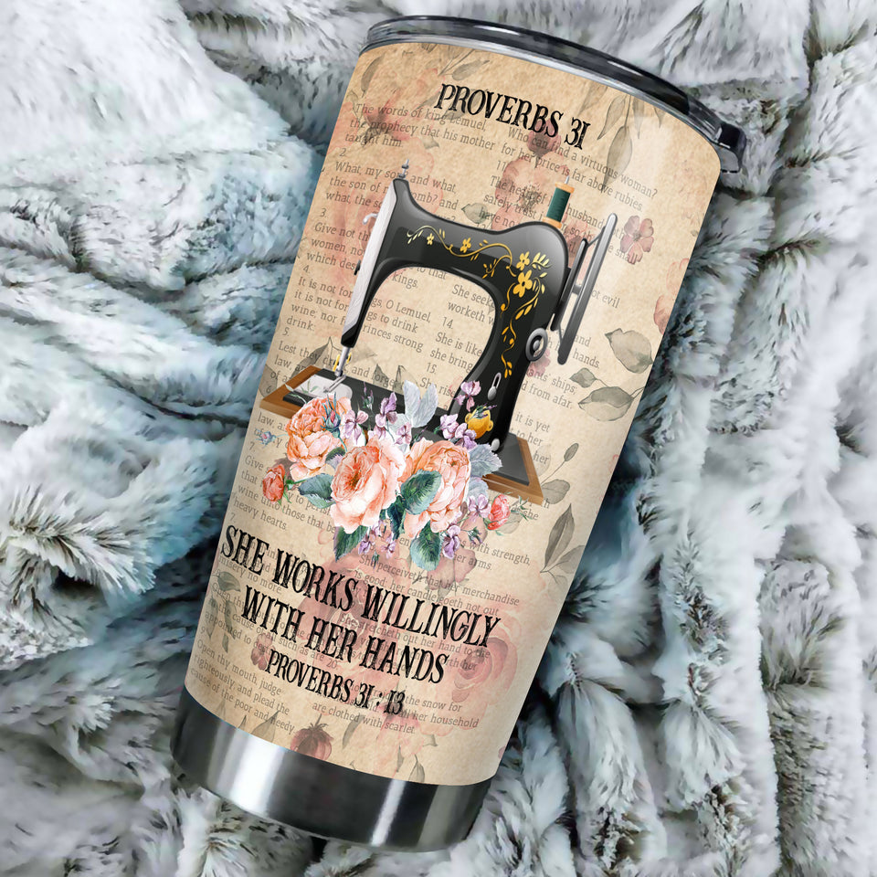 Camellia Personalized She Works Willingly With Her Hands Sewing Vintage Stainless Steel Tumbler - Double-Walled Insulation Travel Thermal Cup With Lid Gift For Sewer Girls Women