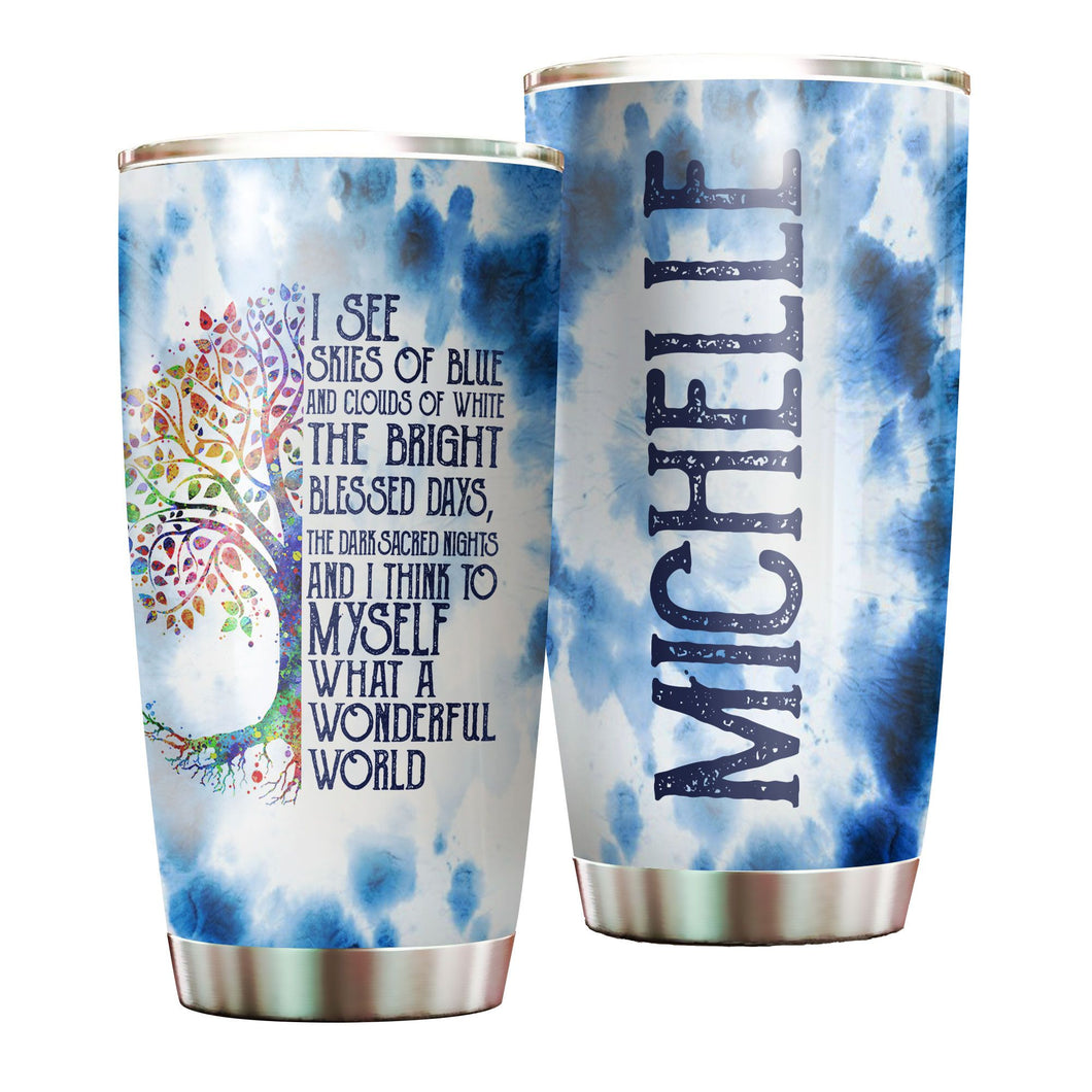 Camellia Personalized Watercolor What A Wonderful World Positive Quote Stainless Steel Tumbler - Double-Walled Insulation Thermal Cup With Lid