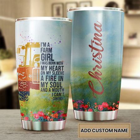 Camellia Personalized Colorful Tractor Farm Girl Farming Stainless Steel Tumbler - Double-Walled Insulation Travel Thermal Cup With Lid Gift For Farmer Tractor Lover