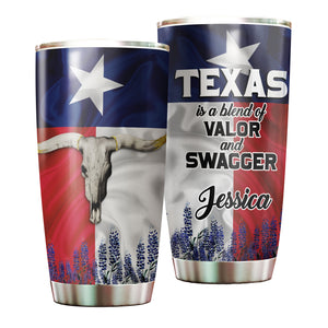 Camellia Personalized Bull Skull Texas Blend Of Valor And Swagger Stainless Steel Tumbler - Double-Walled Insulation Travel Thermal Cup With Lid Gift For Texas Cowboy American