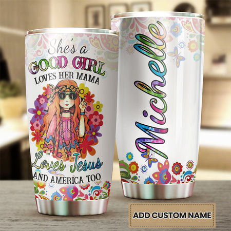 Camellia Personalized Henna Flowers Good Girl Loves Mama Jesus American Stainless Steel Tumbler - Double-Walled Insulation Thermal Cup With Lid Gift For Daughter Kid