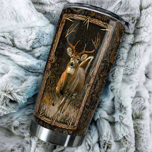 Camellia Personalized Deer Forest Hunting Wooden Style Stainless Steel Tumbler - Double-Walled Insulation Travel Thermal Cup With Lid Gift For Deer Hunter Men