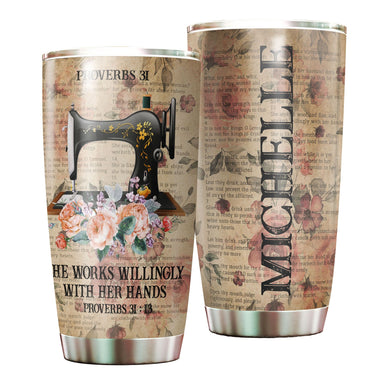Camellia Personalized She Works Willingly With Her Hands Sewing Vintage Stainless Steel Tumbler - Double-Walled Insulation Travel Thermal Cup With Lid Gift For Sewer Girls Women