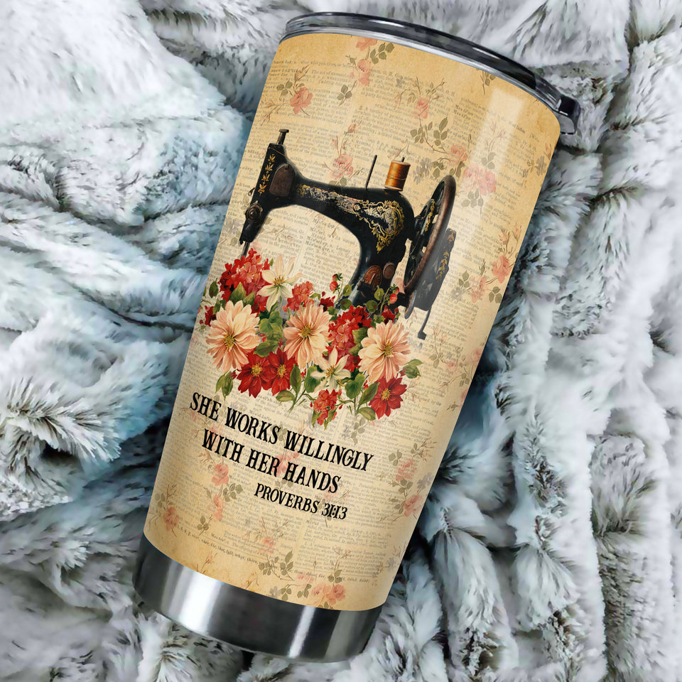 Camellia Personalized She Works Willingly Sewist Nutrition Facts Sewing Vintage Stainless Steel Tumbler - Double-Walled Insulation Travel Thermal Cup With Lid Gift For Sewer Girls