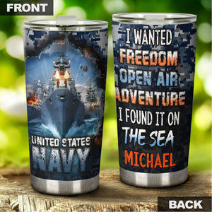 Camellia Personalized United States Navy Adventure On The Sea Stainless Steel Tumbler - Customized Double-Walled Insulation Travel Thermal Cup With Lid Gift For Soldier Veteran